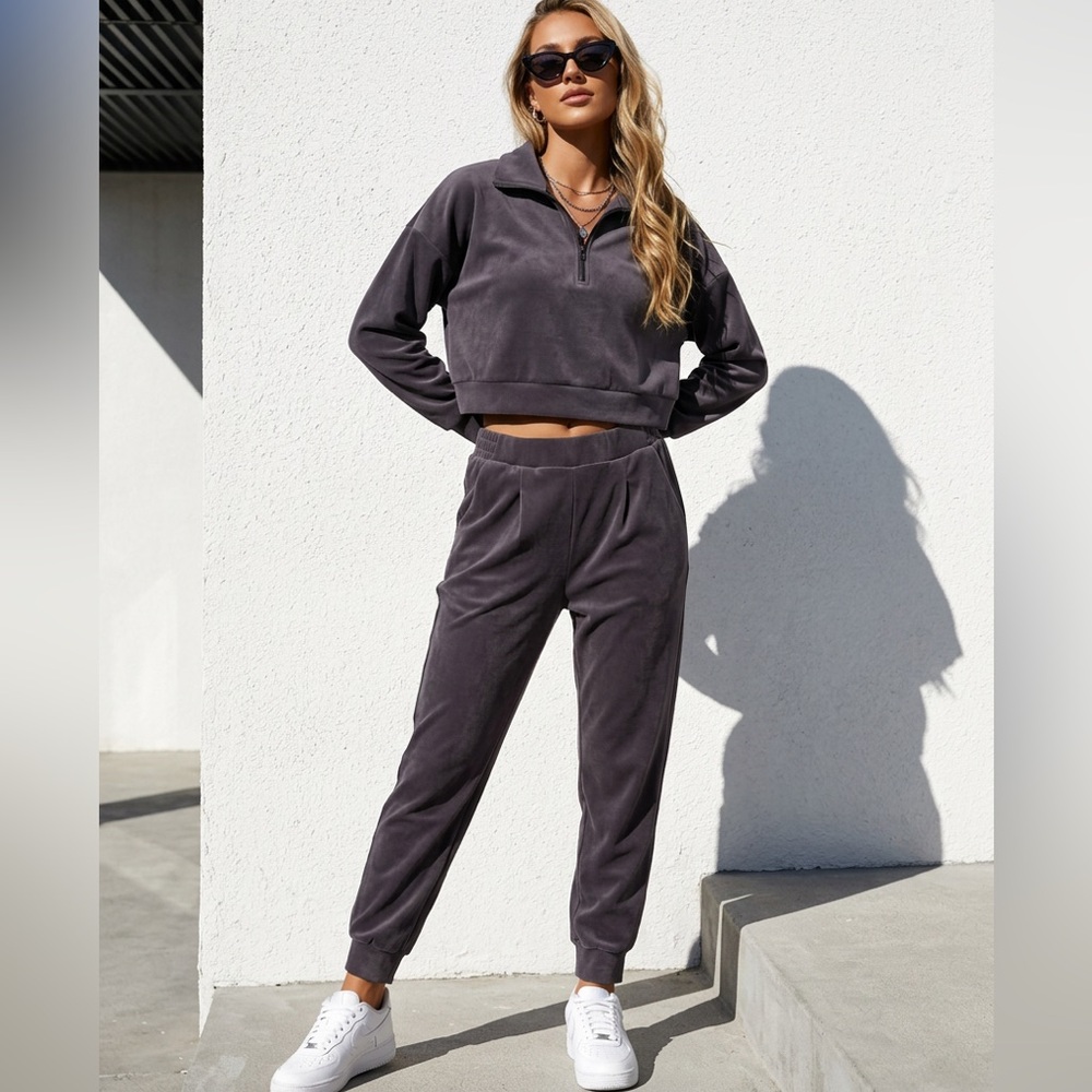 Avia Womens Gray Modal Blend Quarter Zip Pullover and Jogger Tracksuit Set Large